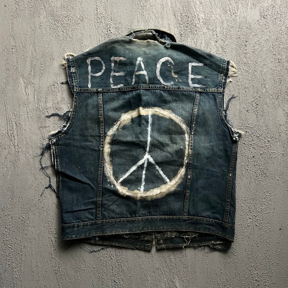 Vintage Denim‎ Vest Mens Medium Blue 1970s Peace Distressed